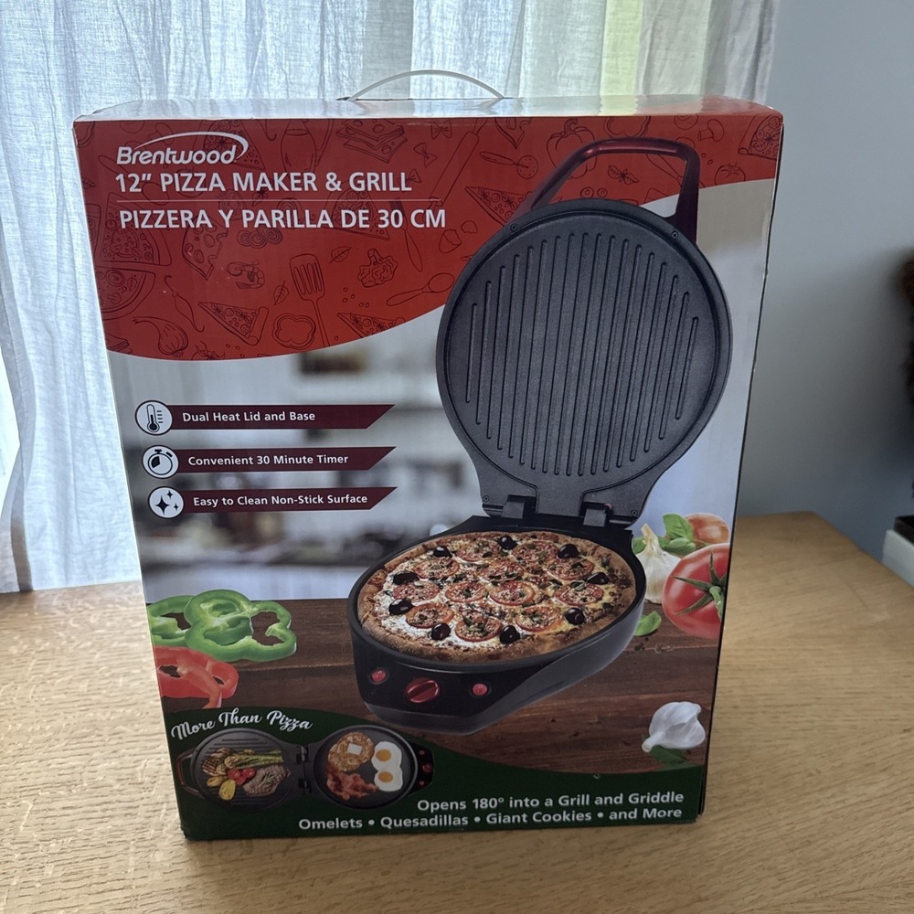 Brentwood Ts-124R 1200 Watt 12 Inch Non Stick Pizza Maker And Grill In Red